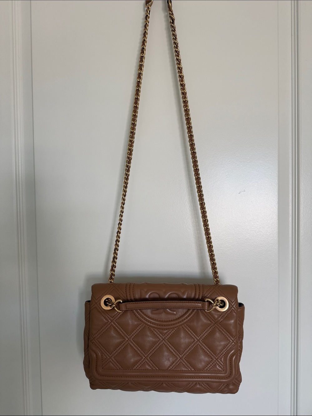 Tory Burch Fleming Soft Leather Convertible Shoulder Bag Warm Tan Gold Chain - Picture 17 of 17
